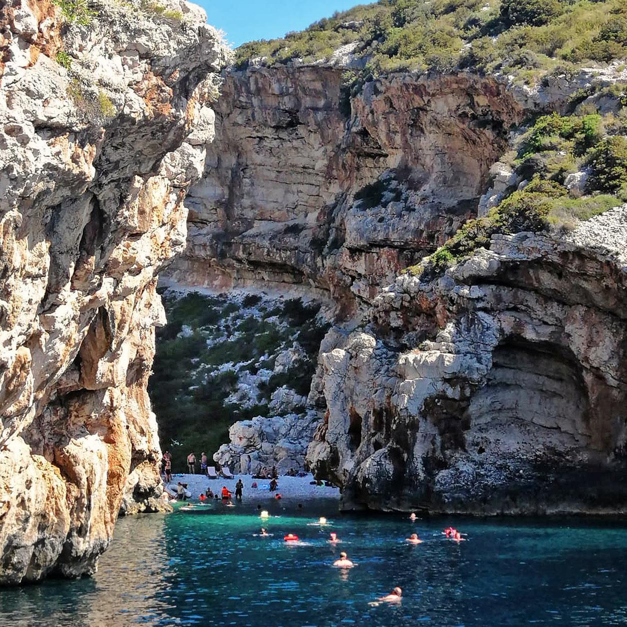 Stiniva Cove on island Vis with Bue Shark 